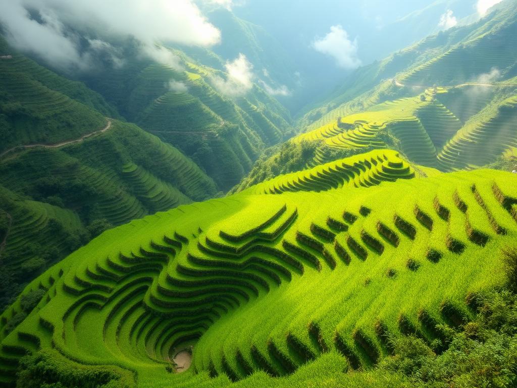 Dawn over 2,000-year-old rice terraces. The scale is impossible to photograph.